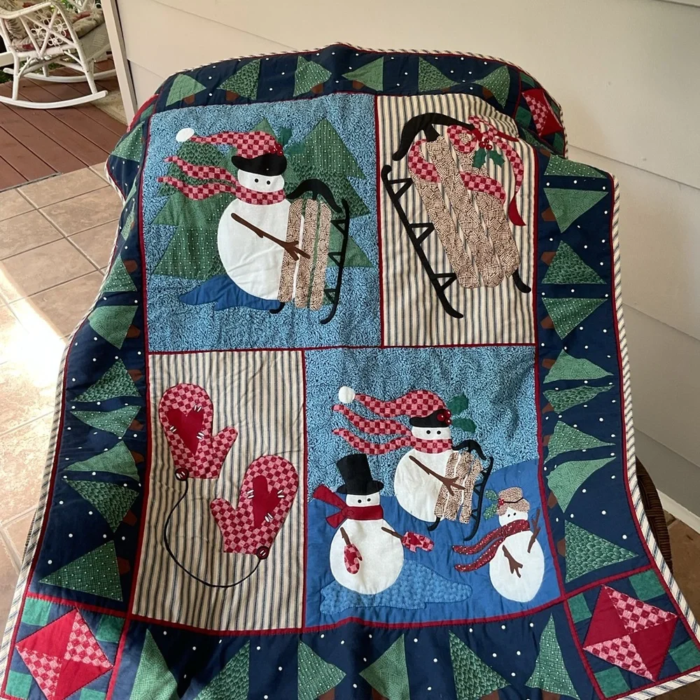 Festive Snowman Holiday Vtg Fabric Quilt wall hanging banner Flag Decor 34